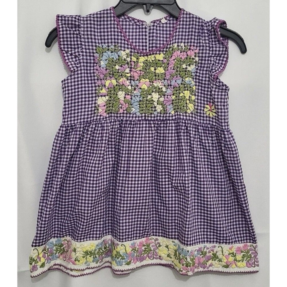 Girls Size 10 Mexican Style Embroidered Purple Gingham Floral Boho Tunic Top